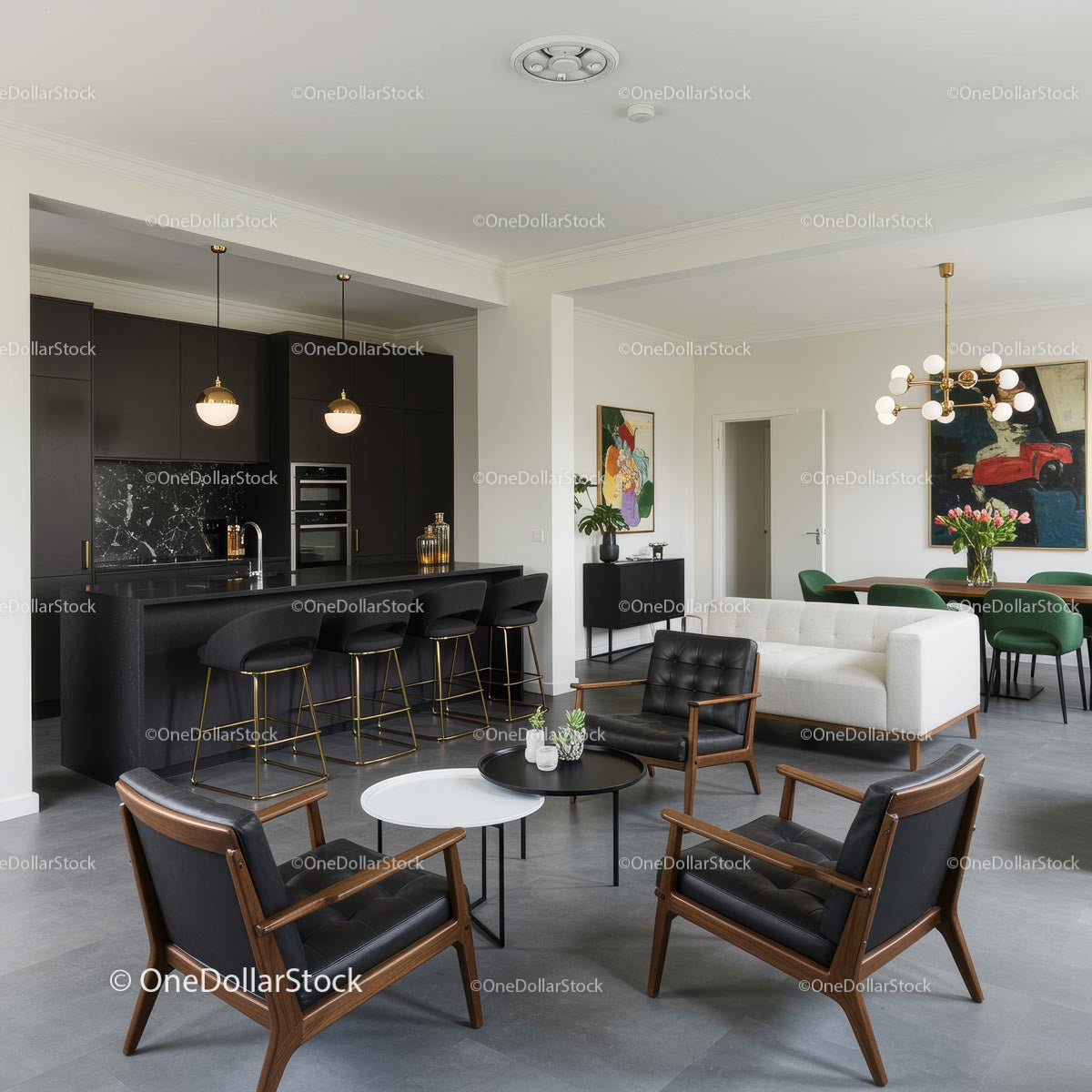 Nowoczesny salon z otwartą przestrzenią i eleganckim wystrojem