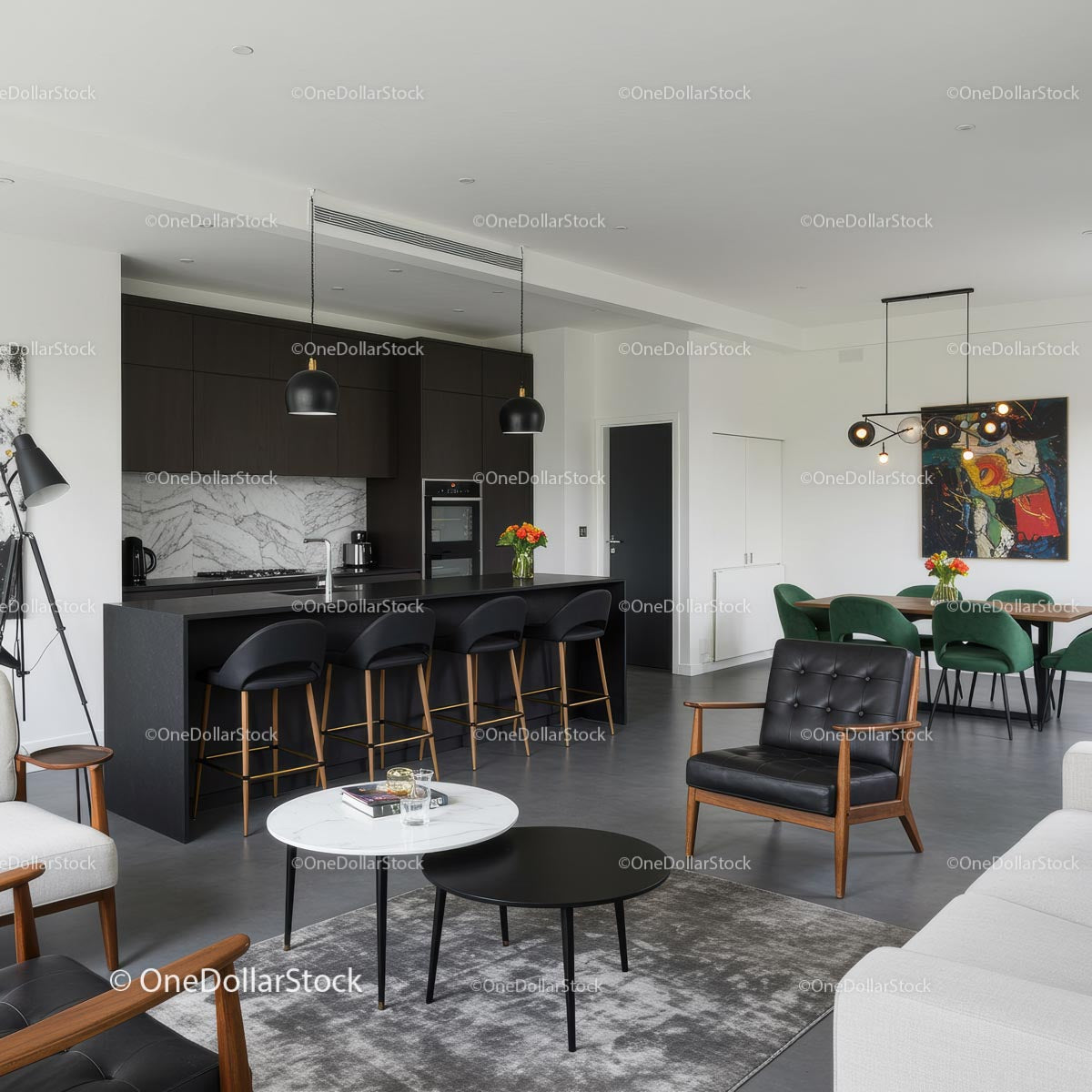 Elegancki nowoczesny salon z otwartą kuchnią i jadalnią