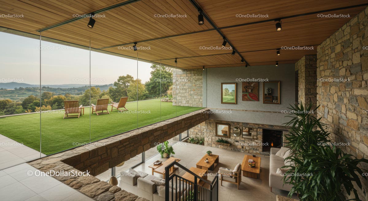 Modern Home with Glass Walls and Scenic Greenery