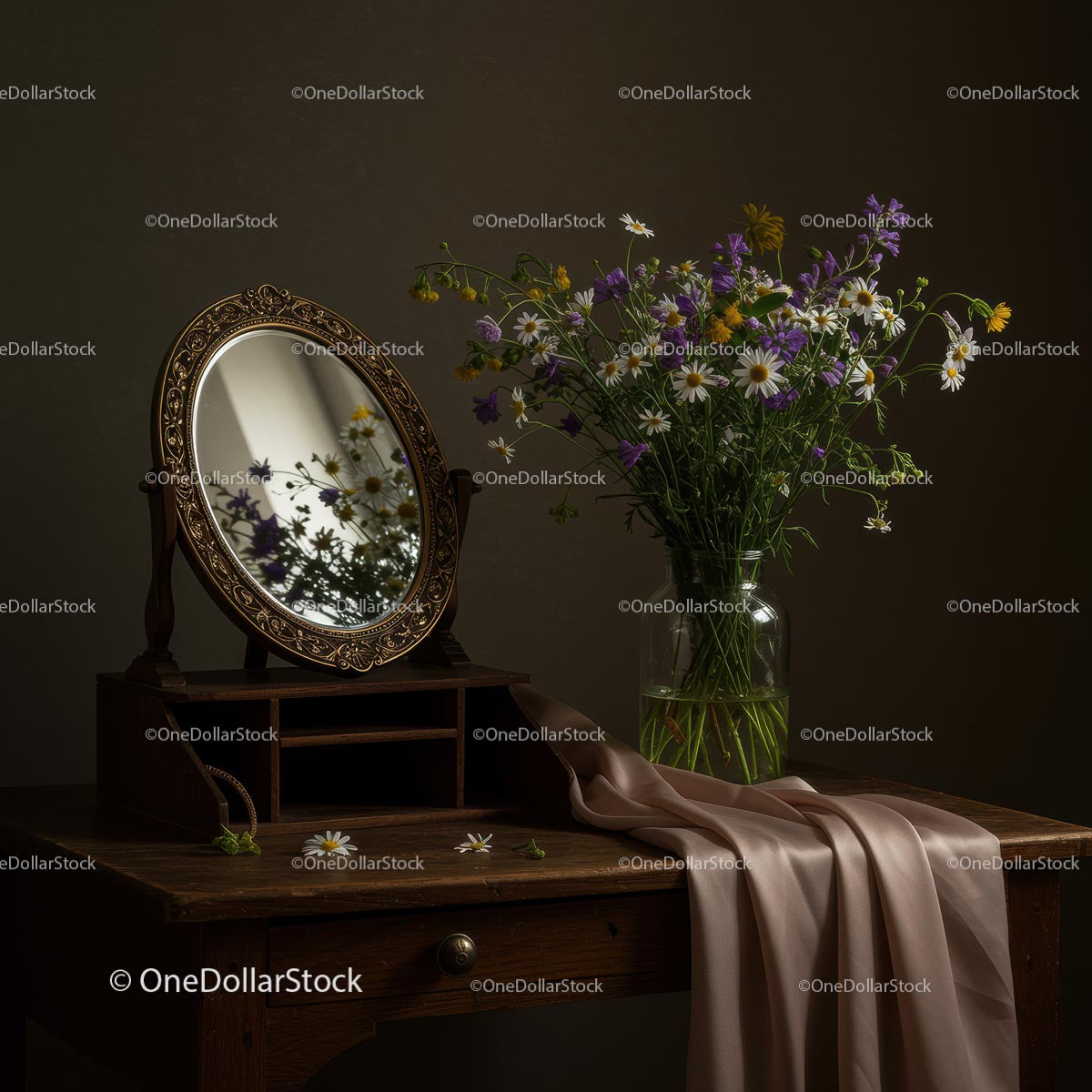 Wildflower Arrangement with Antique Mirror on Rustic Table