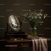 Wildflower Arrangement with Antique Mirror on Rustic Table