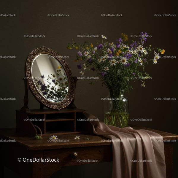 Wildflower Arrangement with Antique Mirror on Rustic Table