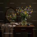 Wildflower Bouquet in Glass Vase with Mirror Reflection