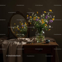 Wildflower Bouquet in Glass Vase with Mirror Reflection