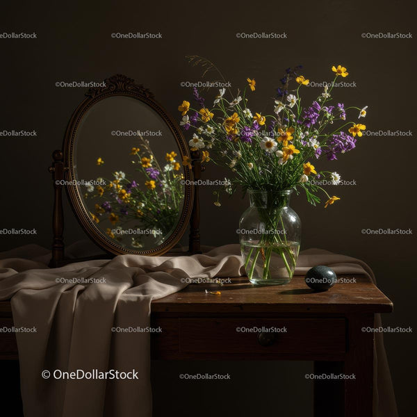 Wildflower Bouquet in Glass Vase with Mirror Reflection
