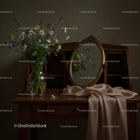 Wildflower Bouquet with Vintage Mirror on Wooden Desk