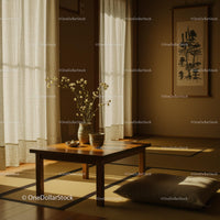 Serene Japanese Room with Sunlit Tatami and Wooden Table