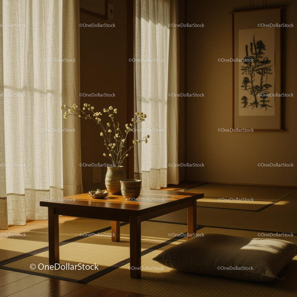 Serene Japanese Room with Sunlit Tatami and Wooden Table