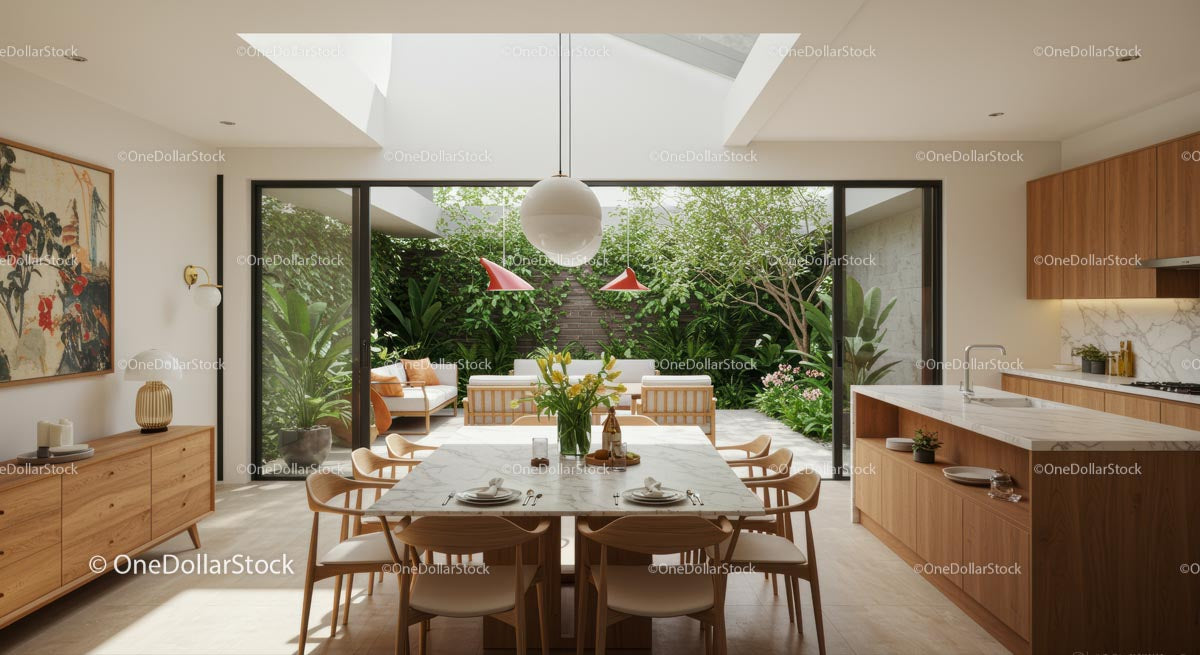 Modern Dining Room with Lush Garden View