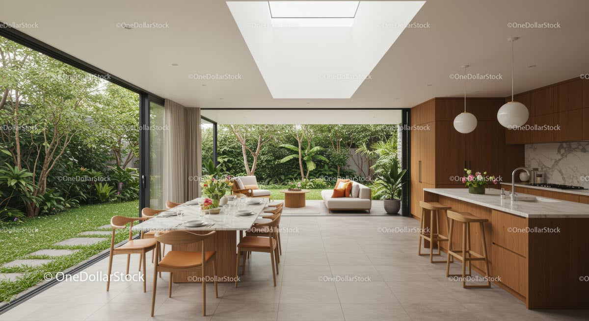Modern Open Kitchen with Garden View and Natural Lighting
