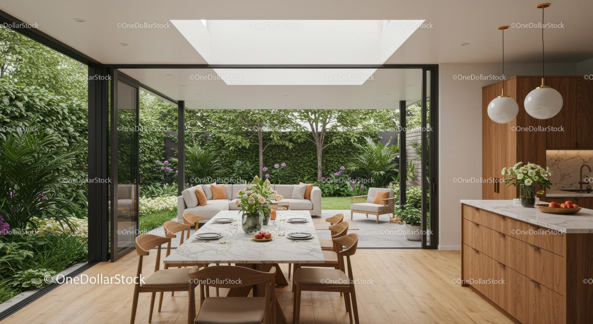 Modern Dining Room with Garden View and Natural Light