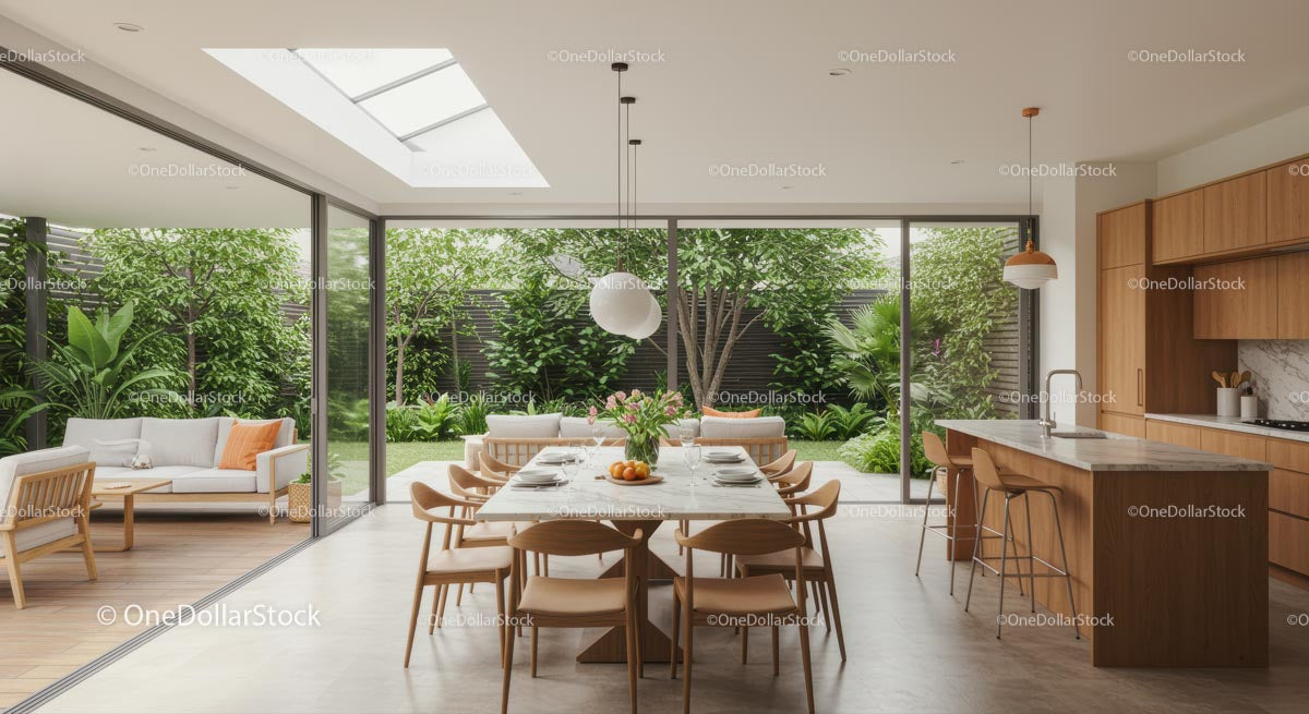 Modern Dining Room with Lush Garden View and Skylight Ceiling
