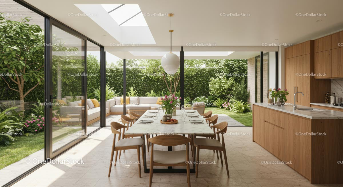 Modern Dining Room with Garden View and Open Design