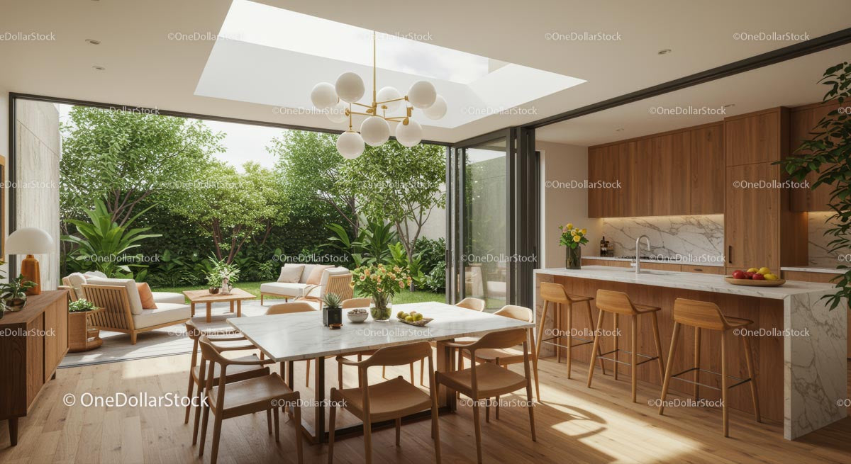 Modern Open Plan Kitchen with Skylight and Garden View