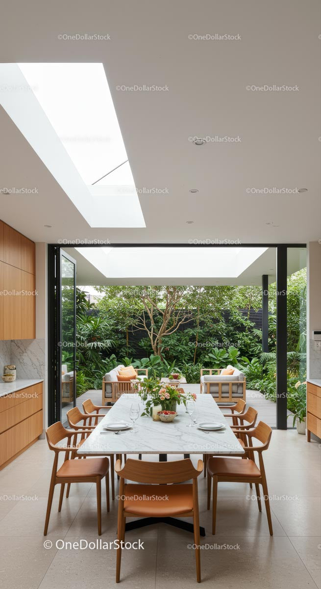Modern Dining Area with Skylight and Lush Greenery
