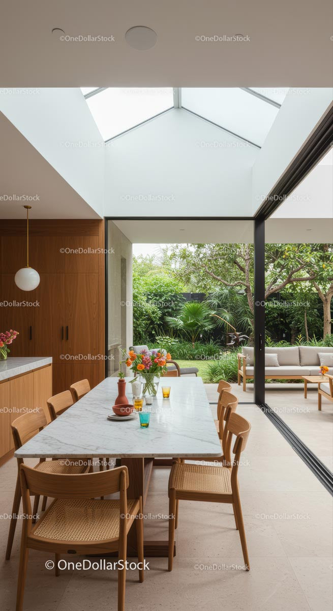 Modern Dining Room with Glass Roof and Natural Light