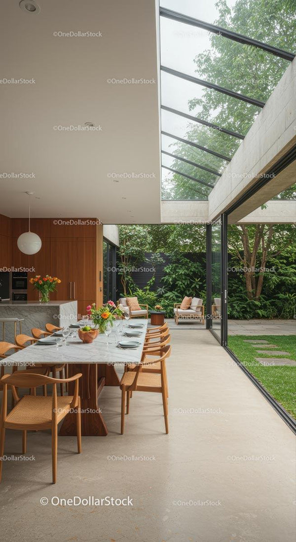 Modern Dining Area with Open Sliding Glass Doors