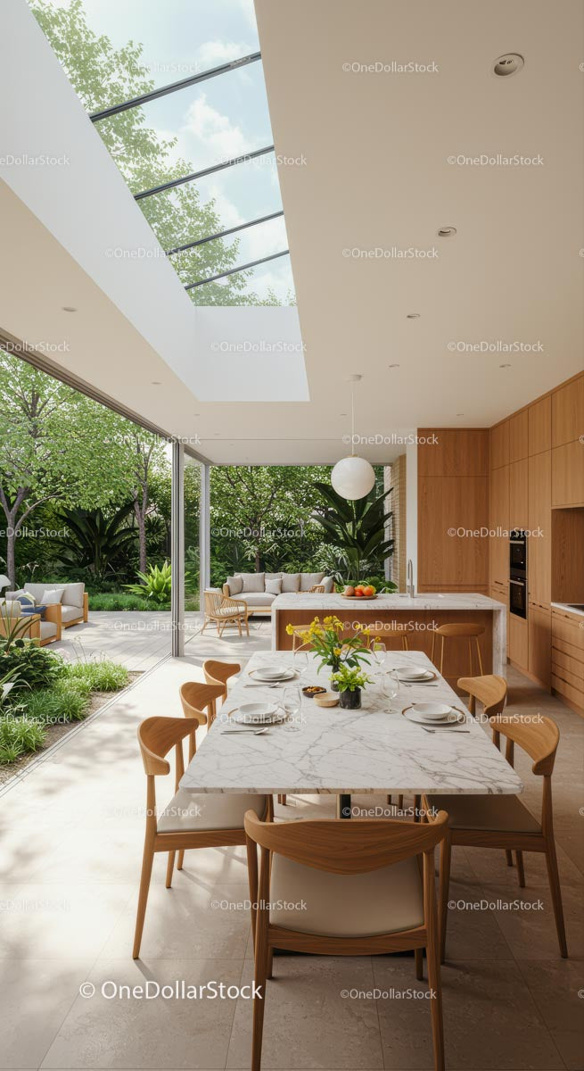 Modern Kitchen with Marble Table and Lush Garden View