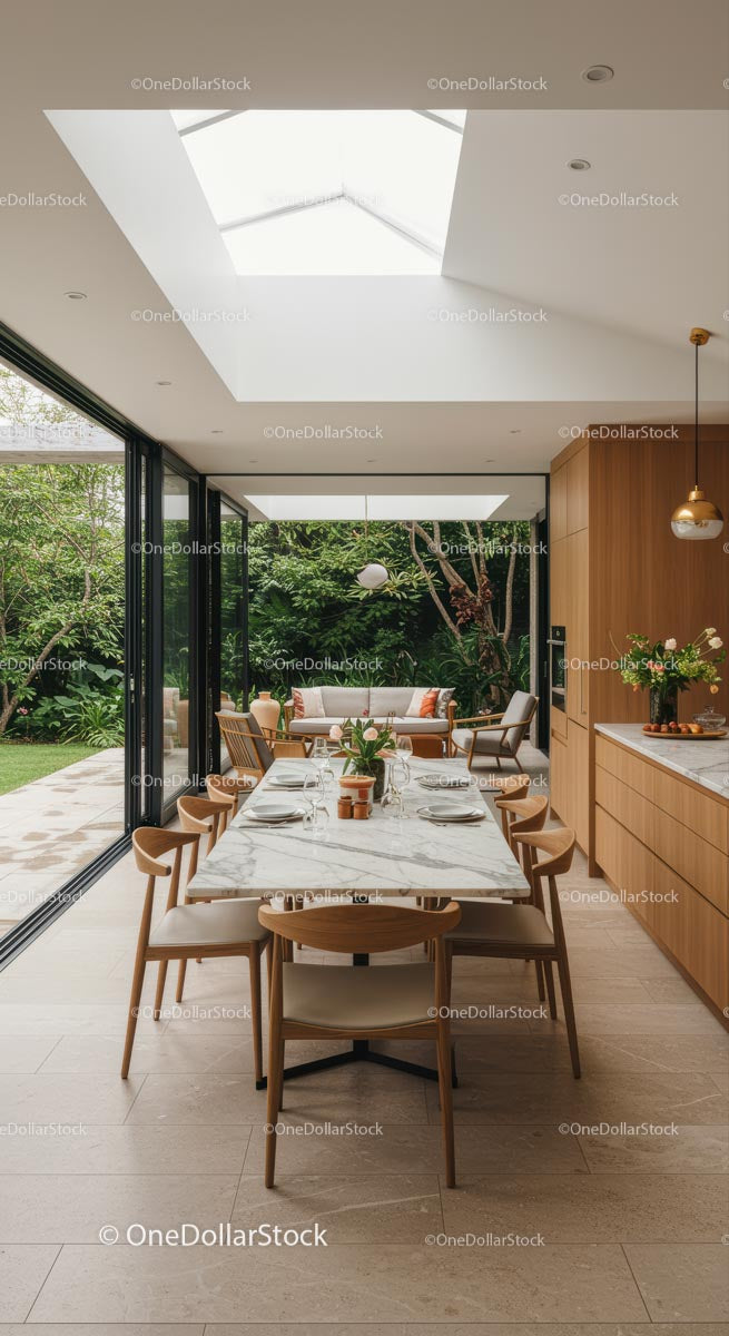 Modern Dining Area with Garden View and Skylight