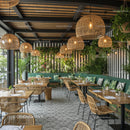 Tropical Cafe with Lush Green Plants and Wicker Furniture