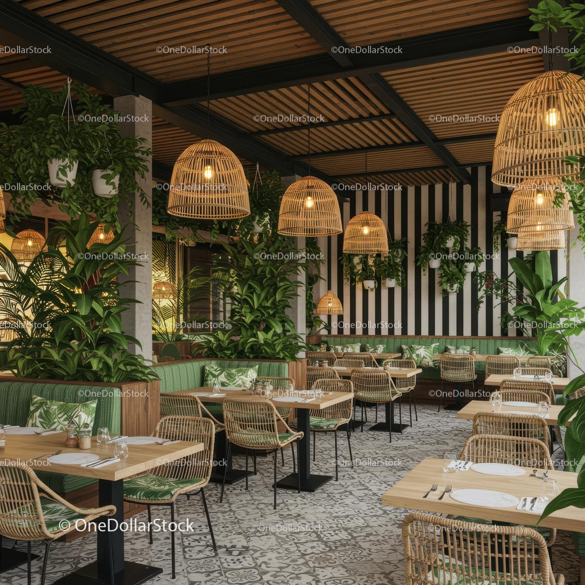 Tropical Restaurant with Lush Greenery and Rattan Decor