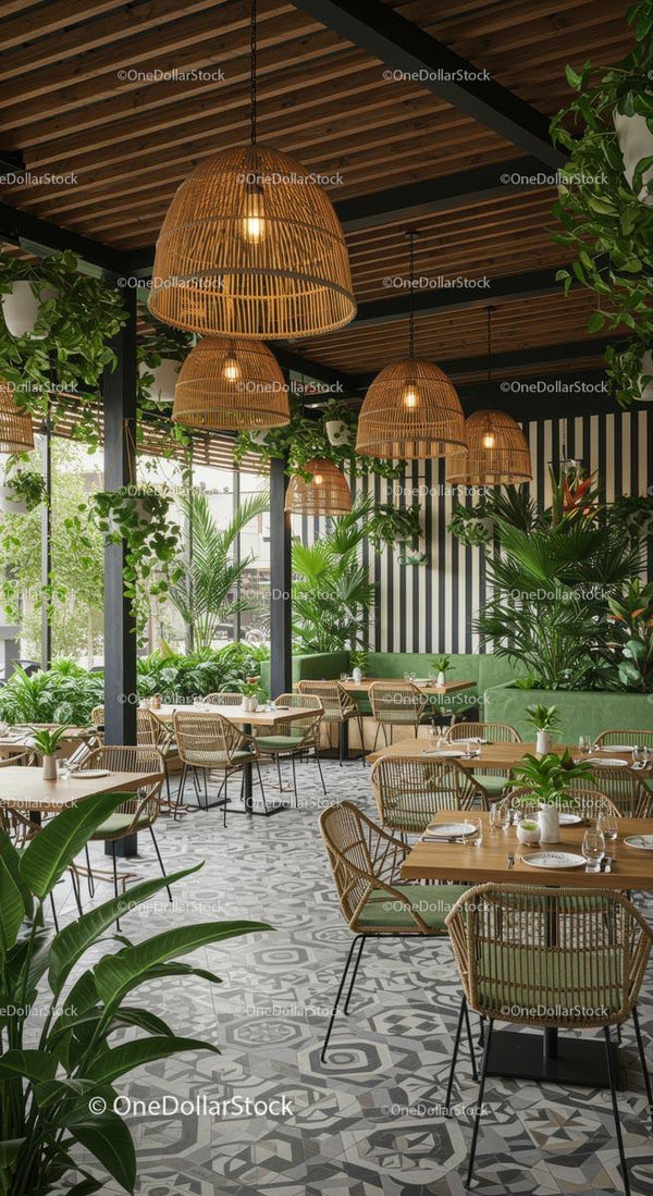 Modern Restaurant with Lush Indoor Greenery and Rattan Lighting