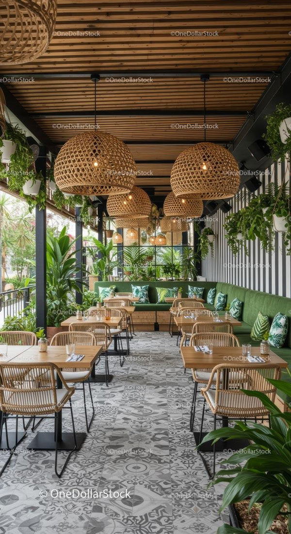 Modern Cafe Interior with Green Plants and Rattan Decor