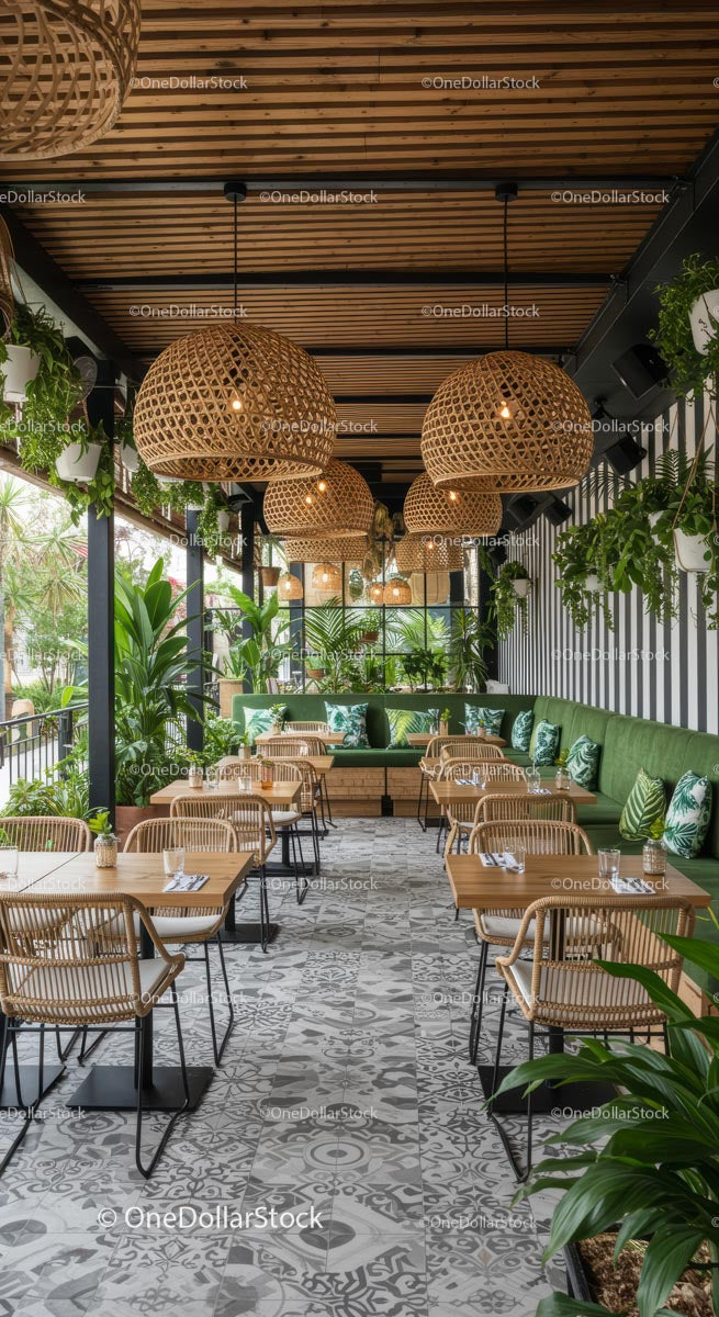 Modern Cafe Interior with Green Plants and Rattan Decor