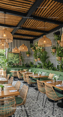 Stylish Cafe with Greenery and Modern Decor