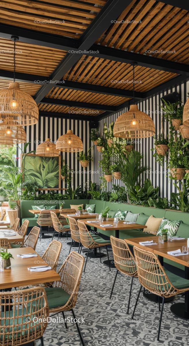 Stylish Cafe with Greenery and Modern Decor