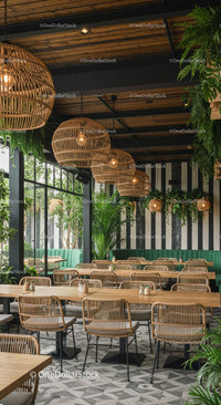 Chic Cafe Interior with Lush Greenery and Wicker Lighting