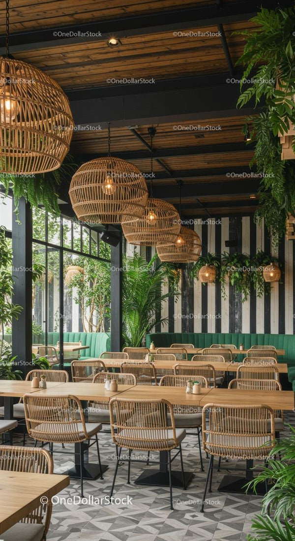 Chic Cafe Interior with Lush Greenery and Wicker Lighting