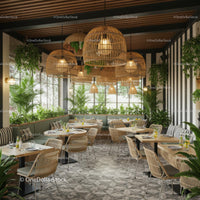 Chic Indoor Cafe with Lush Green Decor and Wicker Lamps
