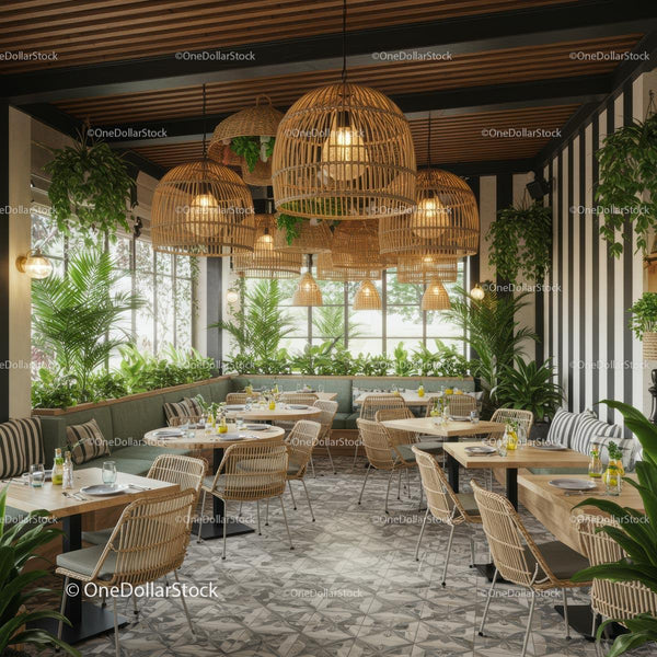 Chic Indoor Cafe with Lush Green Decor and Wicker Lamps