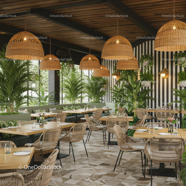 Bright Eco-Friendly Restaurant with Indoor Greenery and Rattan Decor