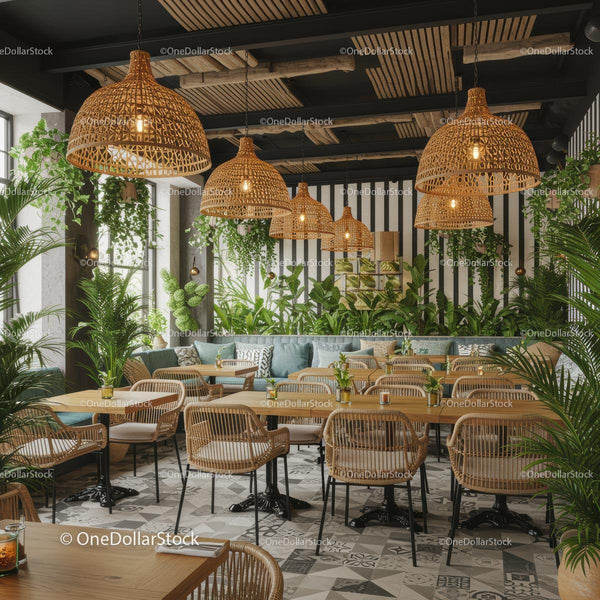 Modern Cafe with Indoor Greenery and Rattan Decor