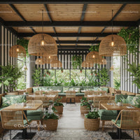 Modern Café with Lush Greenery and Rattan Decor