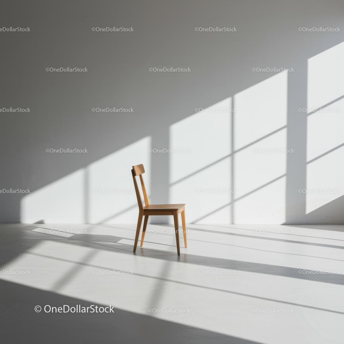 Minimalistyczny pokój z drewnianym krzesłem i słonecznymi cieniami
