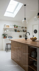 Modern Minimalist Kitchen with Skylight and Wooden Island