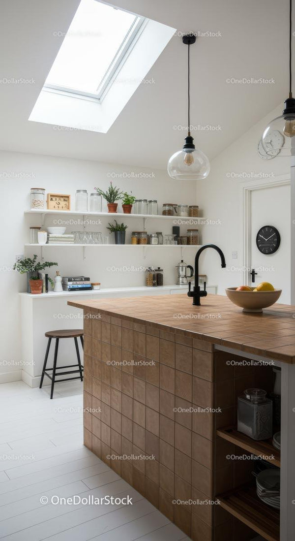 Modern Minimalist Kitchen with Skylight and Wooden Island