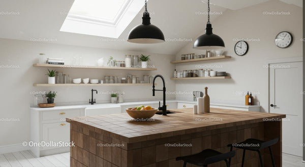 Modern Kitchen Interior with Skylight and Wooden Shelves