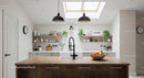 Modern Kitchen with Wooden Shelves and Skylight