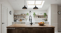 Modern Kitchen with Wooden Shelves and Skylight