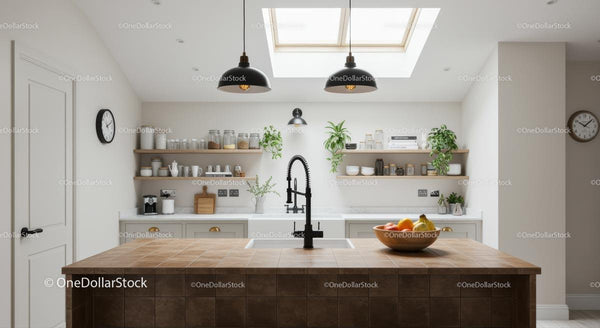 Modern Kitchen with Wooden Shelves and Skylight