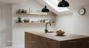 Modern Kitchen with Wooden Shelves and Natural Lighting