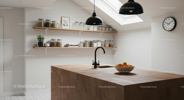 Modern Kitchen with Wooden Shelves and Natural Lighting