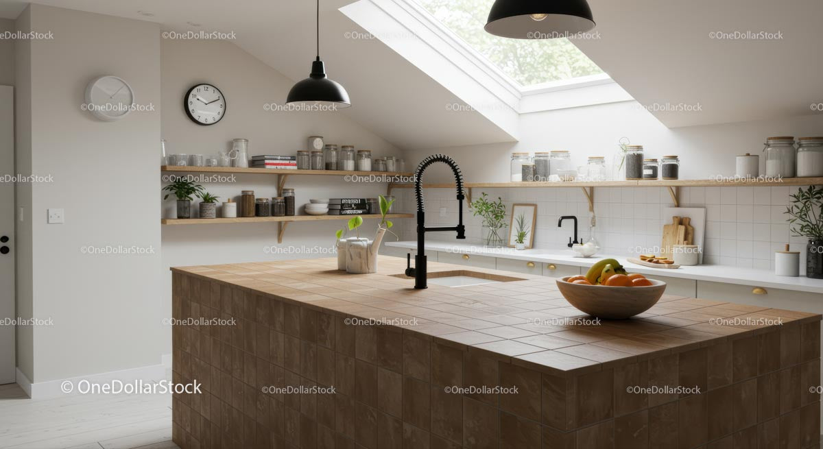 Modern Kitchen with Skylight and Wooden Accents