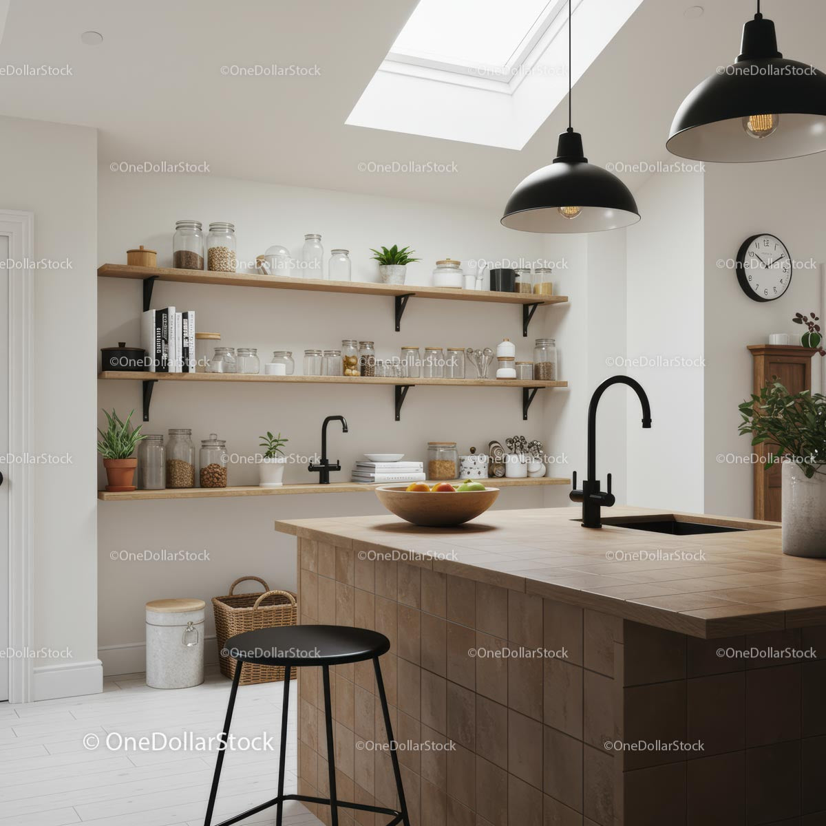 Modern Kitchen with Skylight and Wooden Shelves