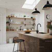 Modern Kitchen with Skylight and Wooden Shelves