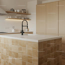 Modern Minimalist Kitchen with Beige Tiles and Wooden Cabinets